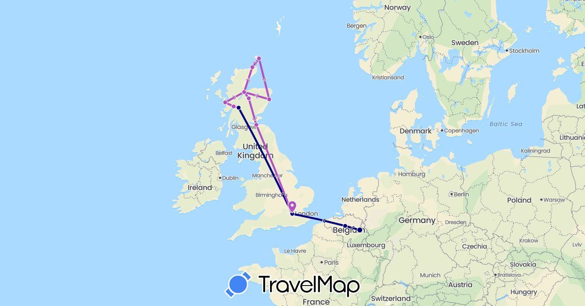 TravelMap itinerary: driving, train in Belgium, United Kingdom (Europe)