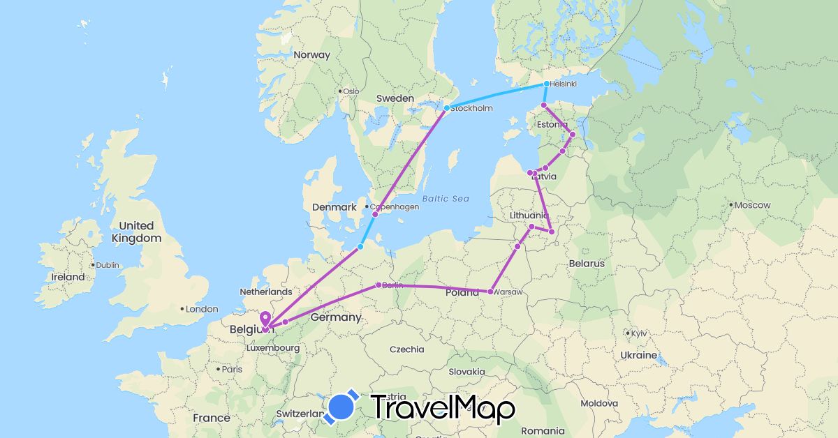 TravelMap itinerary: driving, train, boat in Belgium, Germany, Estonia, Finland, Lithuania, Latvia, Poland, Sweden (Europe)
